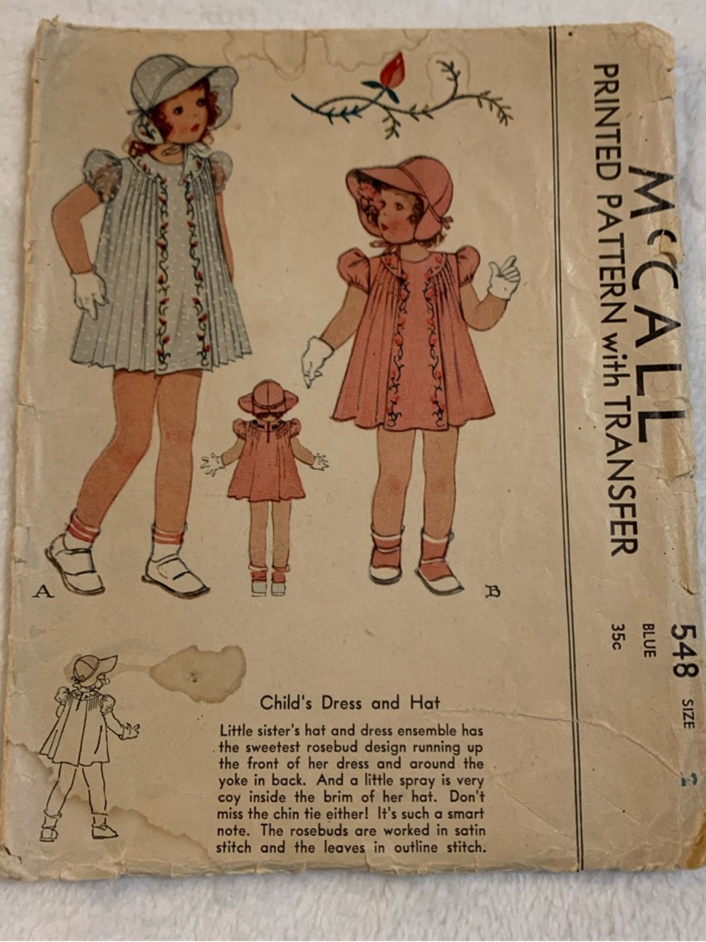 McCall 548 Vintage-Style Girls' Pink Casual Dress with Hat Size 2